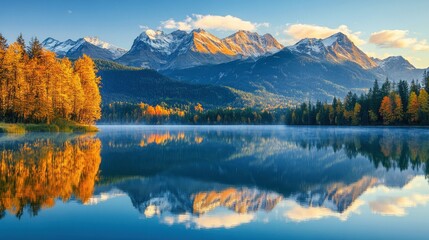 Autumnal Forest and Mountain Range Reflected in a Still Lake at Sunrise