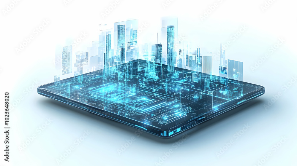 Poster 3d holographic tablet displaying wealth management game concept - close-up view of transparent table