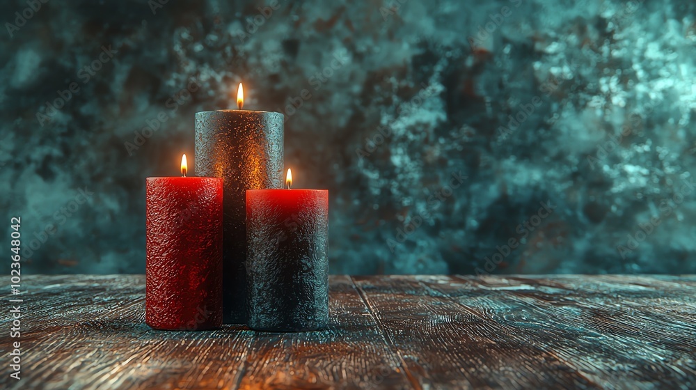 Poster set of three decorative candles in red and black on rustic wooden surface, creating a warm and invit