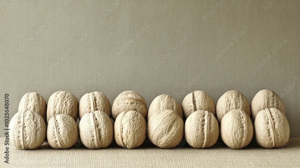 Poster assortment of large walnuts on burlap background