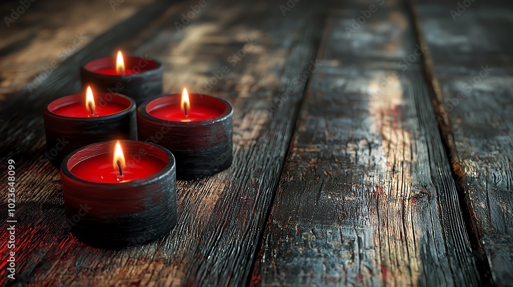 Poster four red candles flicker softly on a rustic wooden surface, creating a warm and inviting atmosphere 