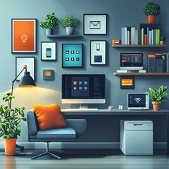 A modern home office featuring innovative technology, stylish decor, and vibrant greenery, creating an inspiring workspace.