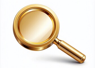 A golden icon with a built-in magnifying glass on a white background, symbolizing search, investigation, and detailed analysis with a classic and elegant design.