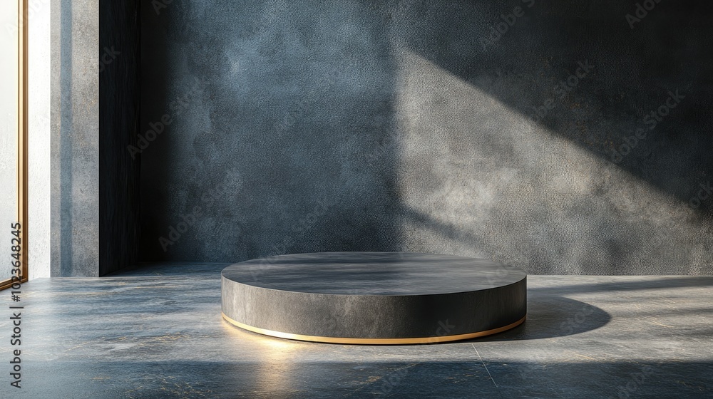Aufkleber 3D rendering of a top view flat lay display featuring a dark graphite gray cylinder podium serving as a minimalistic and luxurious photography backdrop with a golden line