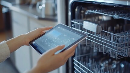 Setting up the electronics on an open dishwasher.