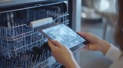 Setting up the electronics on an open dishwasher.