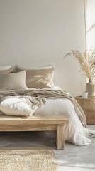Serene Bedroom with Wooden Bed Frame and Soft Textiles