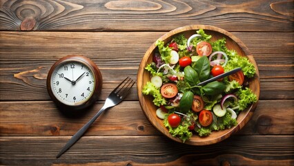 A healthy salad and a clock on a rustic wooden table, representing a balance between nourishment and time-restricted eating for a disciplined intermittent fasting lifestyle.