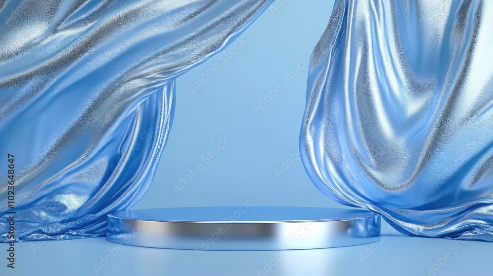 Poster 3d blue podium backdrop featuring an abstract metallic silver frame with flowing fabric primitives h