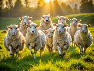 Fototapeta premium A joyful flock of fluffy white sheep leap and bound together in a sun-drenched green meadow, their woolly coats glistening with morning dew.