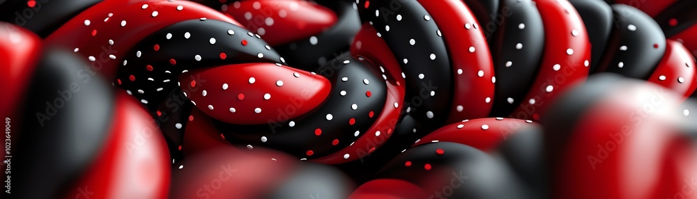 Aufkleber close-up of abstract twisted ropes featuring vibrant black and red colors, creating a dynamic and ey