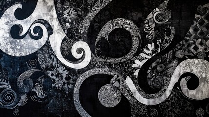 Abstract artwork featuring ornamental designs in black and white hues