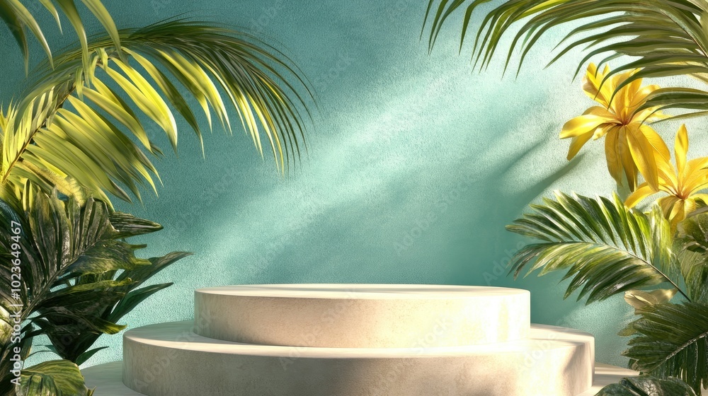 Aufkleber 3d podium featuring blank space for product display against a tropical abstract backdrop summer and 