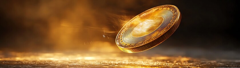 Obraz premium A dazzling gold coin spins elegantly, reflecting light in a warm glow, symbolizing wealth and prosperity in a captivating scene.