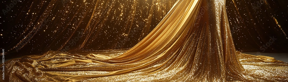 Poster an elegant display of golden fabric cascading gracefully, illuminated by soft light, creating a luxu