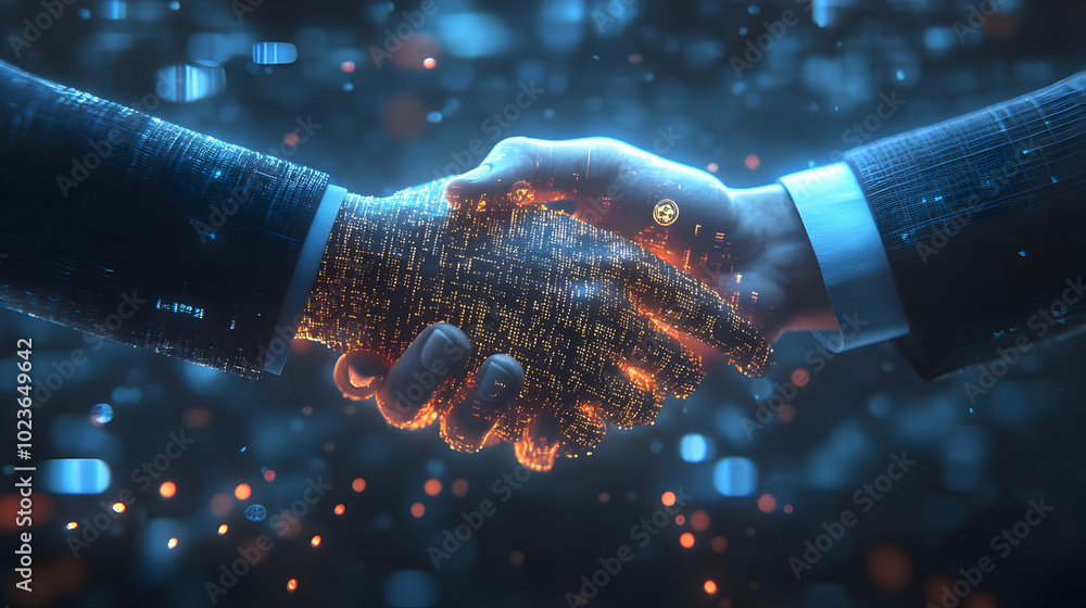 Poster 3d soft focus handshake with digital currency overlay - business partnership concept featuring float