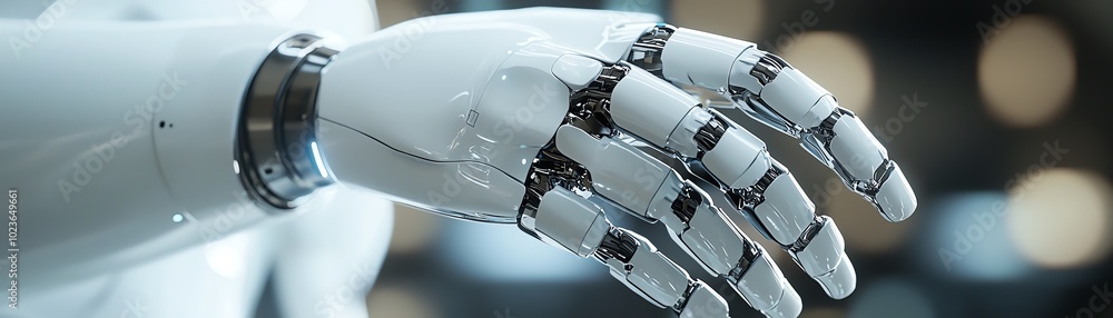 Poster close-up of a futuristic robotic hand showcasing advanced technology and design in a modern environm
