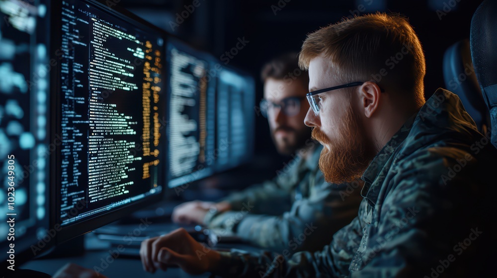 Poster two programmers analyzing code in a dark office environment, focused and engaged with their screens.