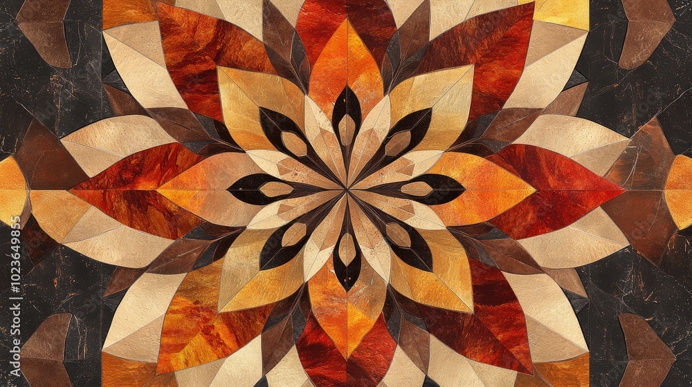 Poster abstract geometric composition featuring a multicolored flower mandala design in brown and orange hu