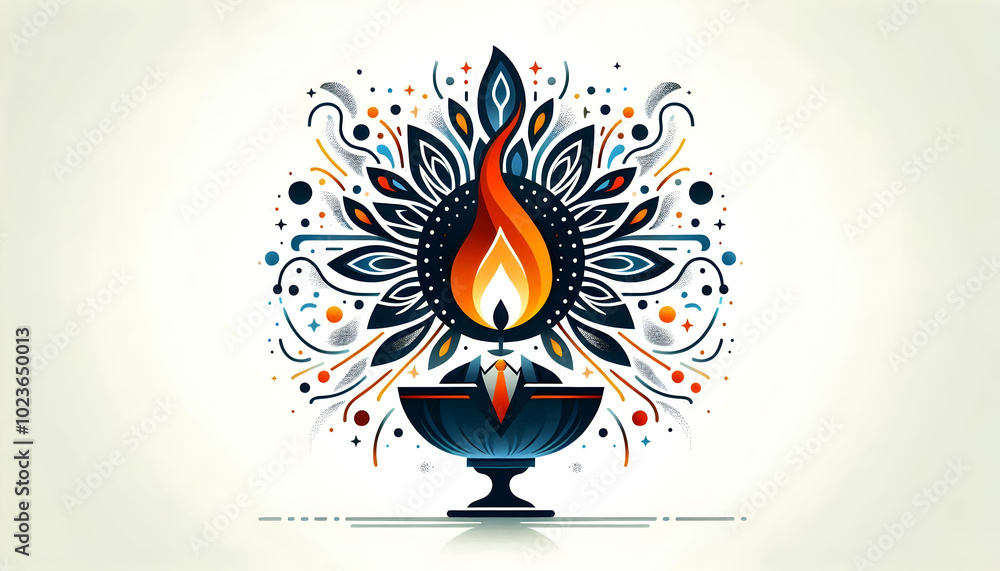 Poster minimalistic flat vector diya lamp with abstract sparklers - clean lines and glowing elements for fe