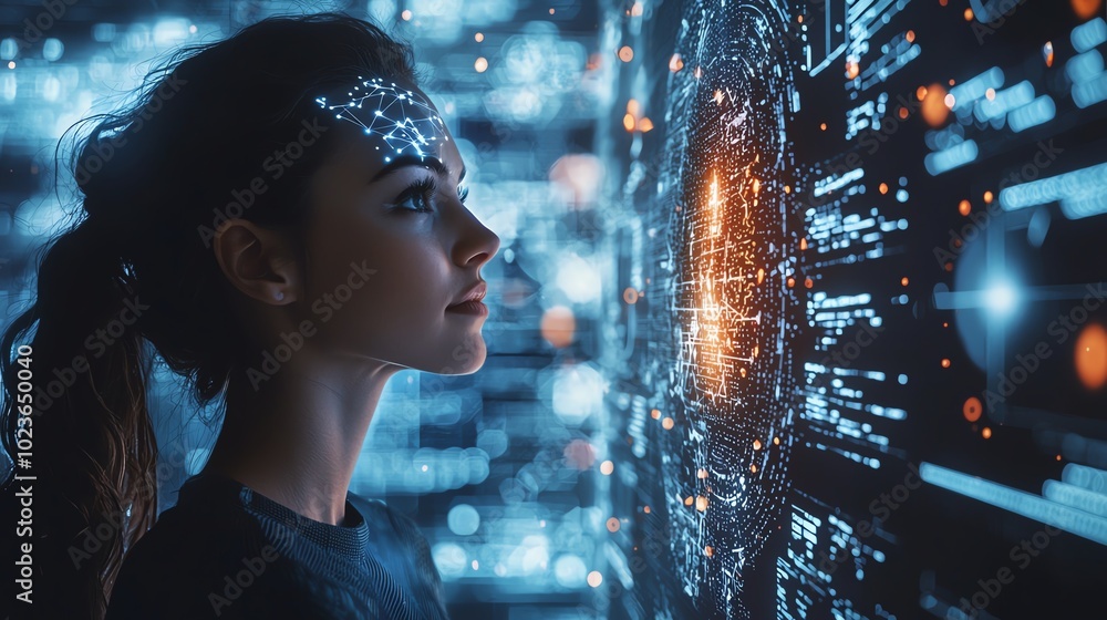 Poster a woman explores a digital universe, interacting with swirling data and vibrant visualizations in a 