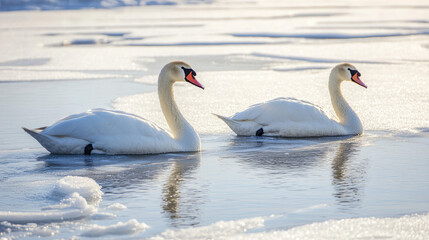 Naklejka premium Mute swans swimming in the remaining patches of unfrozen water amidst a vast, frozen lake, the cold winter air visible as frost forms around their beaks.
