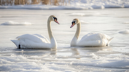 Mute swans swimming in the remaining patches of unfrozen water amidst a vast, frozen lake, the cold winter air visible as frost forms around their beaks.