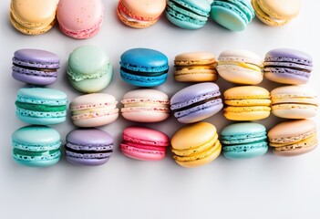 Obraz premium vibrant assorted colorful macaroons displayed aesthetic minimalist white backdrop perfect culinary, dessert, cookie, delicacy, treat, tasty, cream