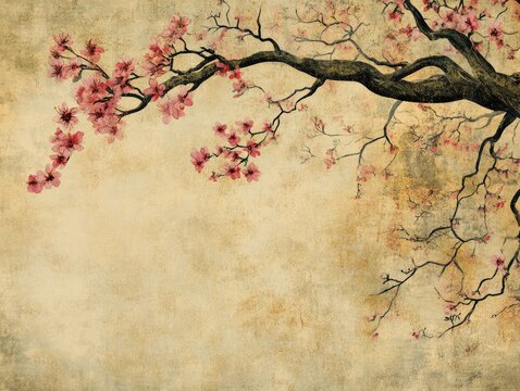 Artwork featuring a tree and branches over a vintage backdrop adorned with sakura flowers A floral motif suitable for wall murals cards postcards and wallpaper