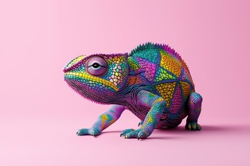 Obraz premium Vibrantly colored chameleon on a pink background, showcasing intricate patterns and textures in a whimsical pose.