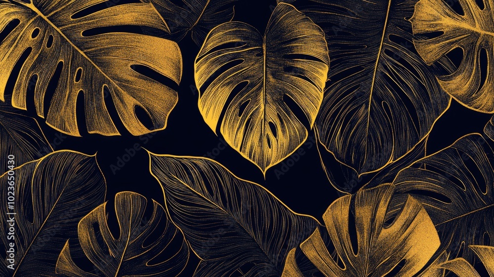 Poster Abstract artwork featuring a golden leaf background vector Design includes line art textures of monstera and jungle leaves creating an exotic botanical pattern suitable for prints and wall art