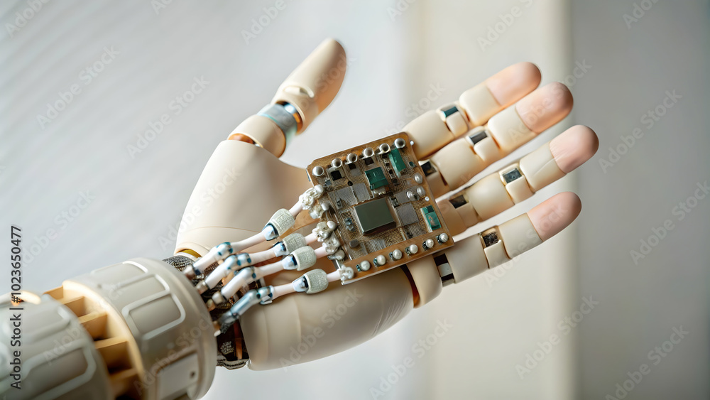 Poster close up macro shot of ai chip in robotic hand � intricate details highlighting connectivity & techn