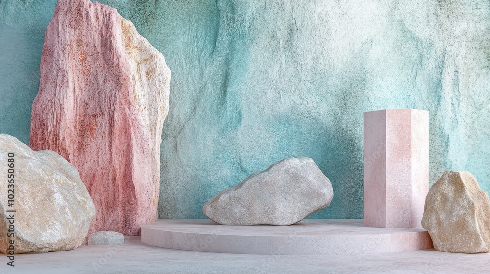 Aufkleber Abstract pastel geometric background featuring stone and rock shapes designed for minimalist podium display or showcase with 3D rendering