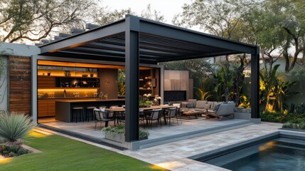 Obraz premium A large patio with a black canopy and a pool