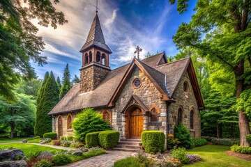 A majestic stone-built Lutheran church stands tall amidst lush green surroundings, featuring a striking steeple and wooden doors, radiating a sense of serenity and spirituality.