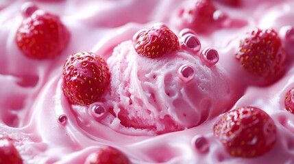 Soft homemade strawberry ice cream, texture.
