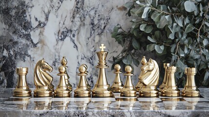 Elegant golden chess pieces lined up on a marble surface, perfect for game enthusiasts and decorative themes.