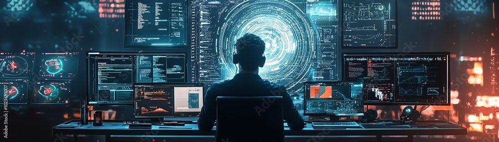 Poster a focused individual analyzes complex data on multiple screens, surrounded by vibrant digital techno