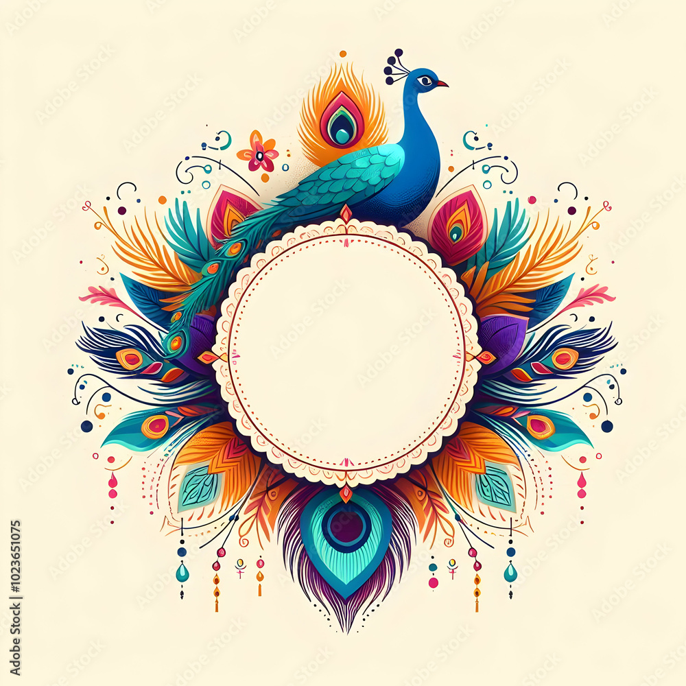 Poster vibrant flat peacock feather and rangoli border frame with ample copy space for festive messages - c