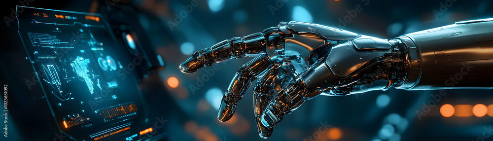 Poster ai powered robotic arm with holographic interface concept - sleek design, glossy finish, pan across 