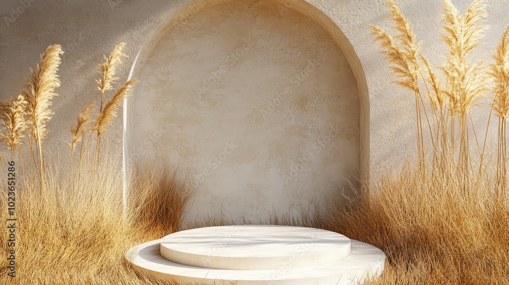 Poster 3D podium background featuring a pedestal on dry grass Summer product display scene with a classical arch studio setting Minimalist showcase 3D render for advertisement and illustration