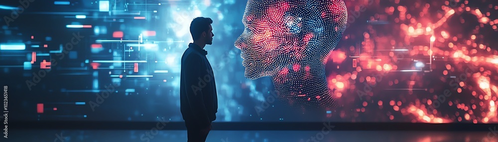 Poster a contemplative figure stands against a backdrop of vibrant digital art, exploring themes of technol