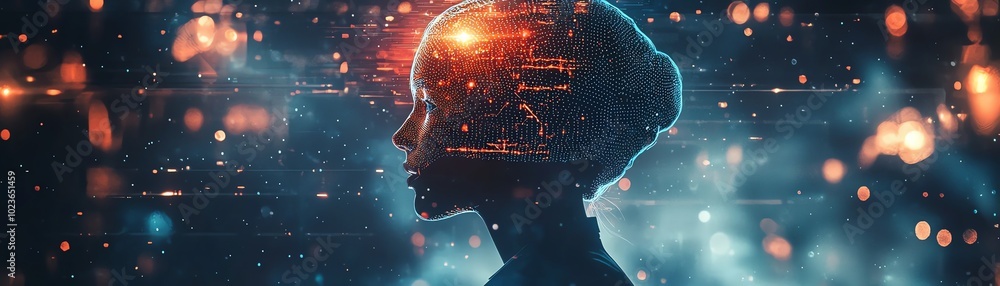 Poster futuristic silhouette of a woman with digital elements representing artificial intelligence and tech