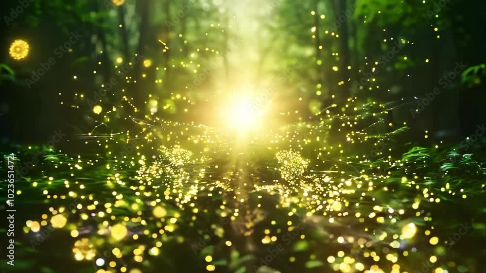 Poster a magical forest scene with glowing particles of light emanating from a bright source in a lush, gre