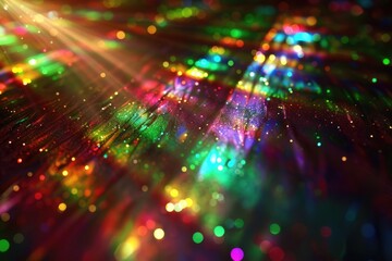 Obraz premium Sun flares create rainbow light effect on black background.