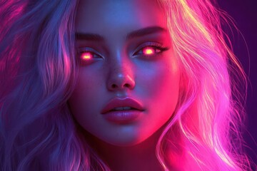 Obraz premium stylized neon portrait of club girl with vibrant hair electric colors pop against dark background cyberpunk aesthetic with glowing lines defining features futuristic and edgy illustration style