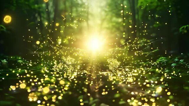 A magical forest scene with glowing particles of light emanating from a bright source in a lush, green environment.