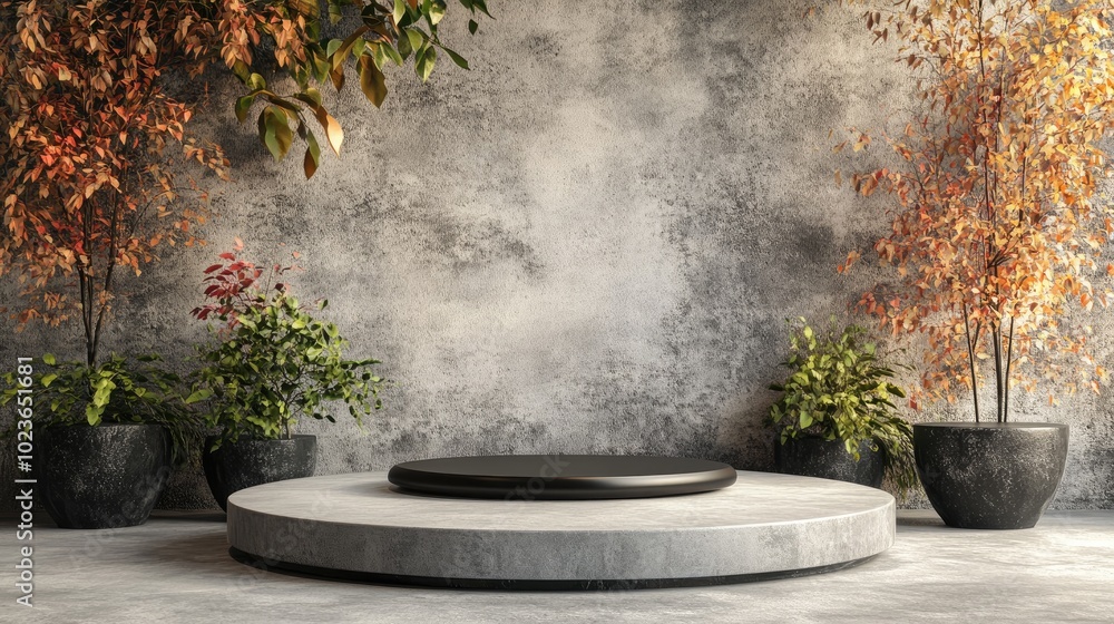 Poster 3D render featuring a podium display set against a concrete background showcasing a stage for product presentation