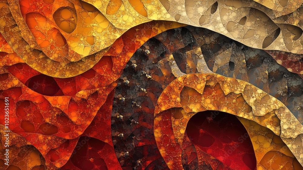 Poster 3D fractal design featuring a gold metallic finish in a modern style against a vibrant red backdrop Abstract geometric pattern with a fantasy texture in shades of brown orange and yellow