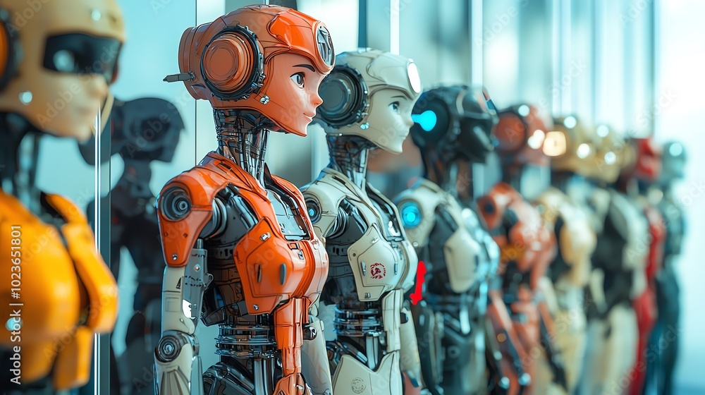 Poster a stunning display of futuristic robots showcasing advanced designs and technology in a modern envir